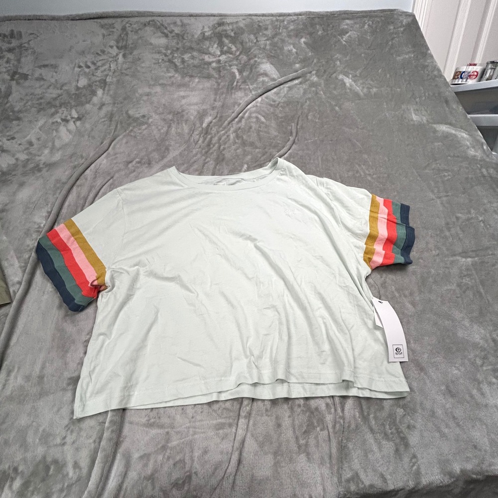 Rip Curl Women's XL Crop Tee Light Mint Green Rainbow Stripe Sleeve NWT